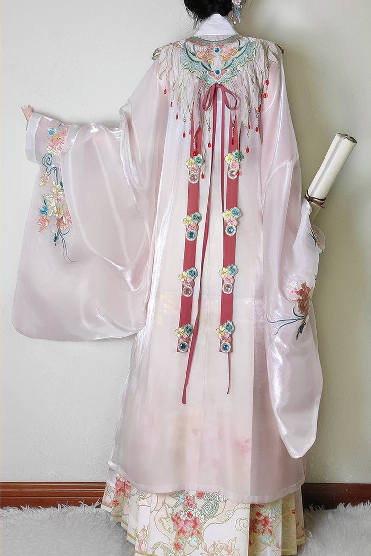 Pink [Fragrant Flower Rain] Round Collar Long Sleeves High Waisted Printed Embroidered Women's Classic Hanfu Dress Set - Product - 4