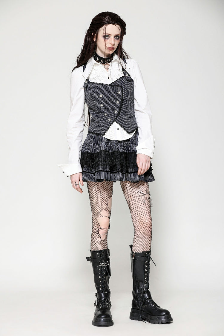 Black/White Striped Buckled Women's Gothic College Style Vest - Product - 9