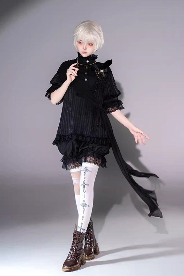 Black Stand Collar Long Short Sleeves Printed Ruffled Lace Gothic Ouji Lolita Set 2 Versions - Product - 12