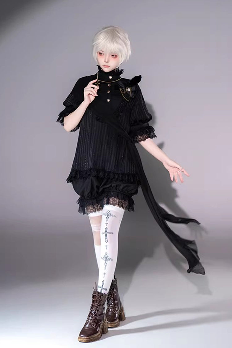 Black Stand Collar Long Short Sleeves Printed Ruffled Lace Gothic Ouji Lolita Set 2 Versions - Product - 12