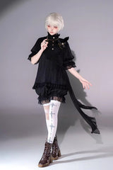 Black Stand Collar Long Short Sleeves Printed Ruffled Lace Gothic Ouji Lolita Set 2 Versions - Product - 12