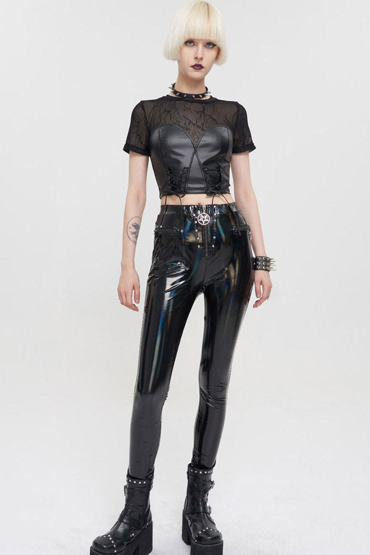 Black Punk Short Sleeve Mesh-Paneled Matte Leather Crew Neck Women's T-Shirt - Product - 6