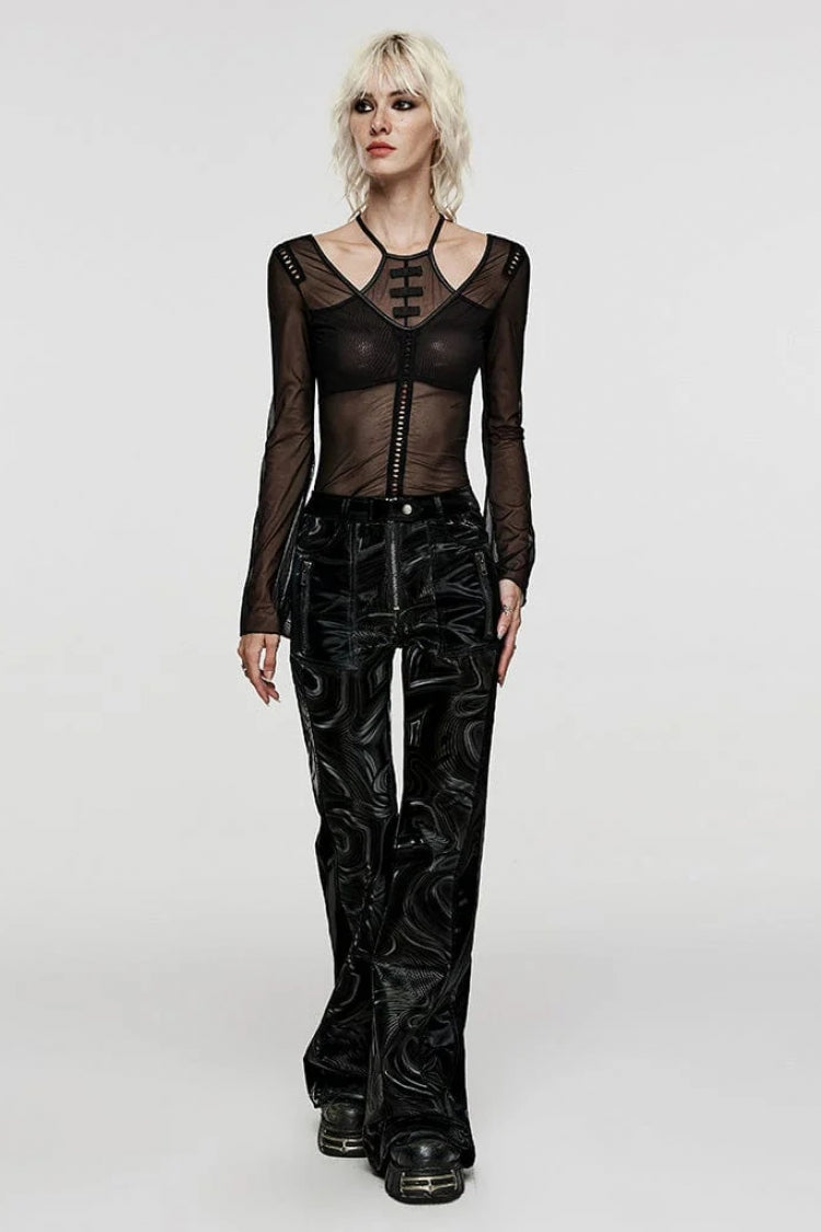 Black Long Sleeves Hollow Mesh Two-Piece Halter Womens Gothic T-Shirt - Product - 4