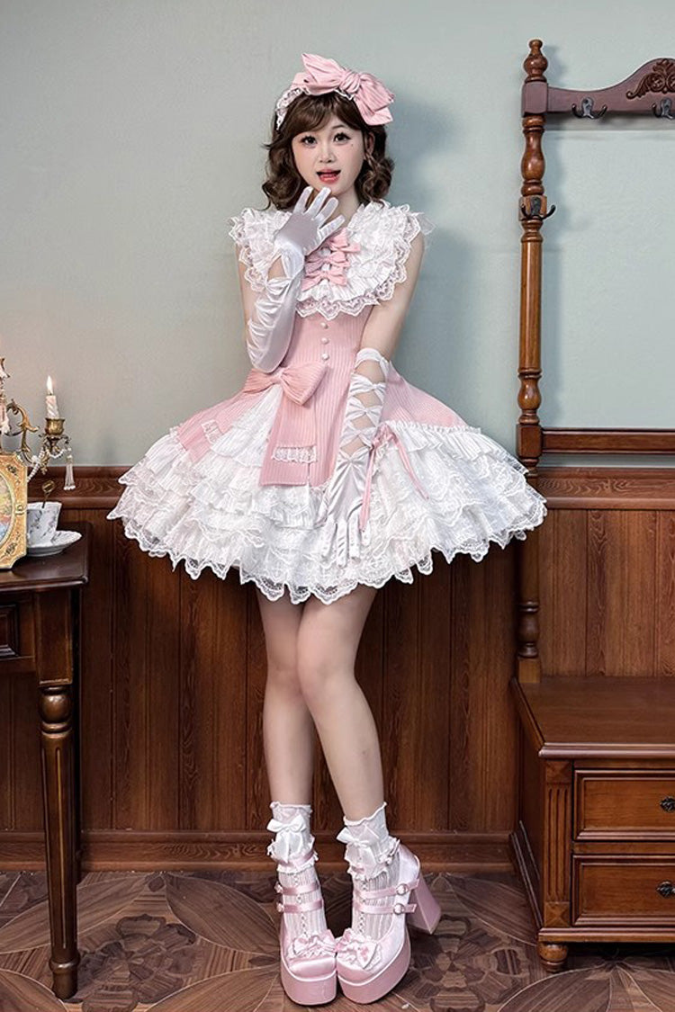 Pink [Miss Tsundere] Sleeveless Multi-Layered Ruffle Bowknot Lace Asymmetric Sweet Princess Lolita Dress - Product - 7