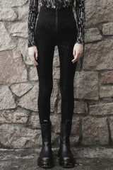Black Bat Embroidered Waist Elastic Fine-Grained Fluff Metal Zipper Design Tight Women's Punk Leather Pants - Black - 1