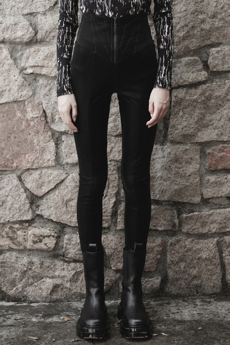 Black Bat Embroidered Waist Elastic Fine-Grained Fluff Metal Zipper Design Tight Women's Punk Leather Pants - Black - 1