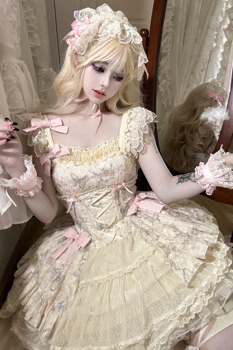 [Summer Butterfly] Square Collar Flutter Sleeves Multi-Layered Printed Ruffled Bow Lace Sweet Lolita Jsk Dress 5 Colors (Blue, Pink, Purple, Green, Beige) - Product - 14