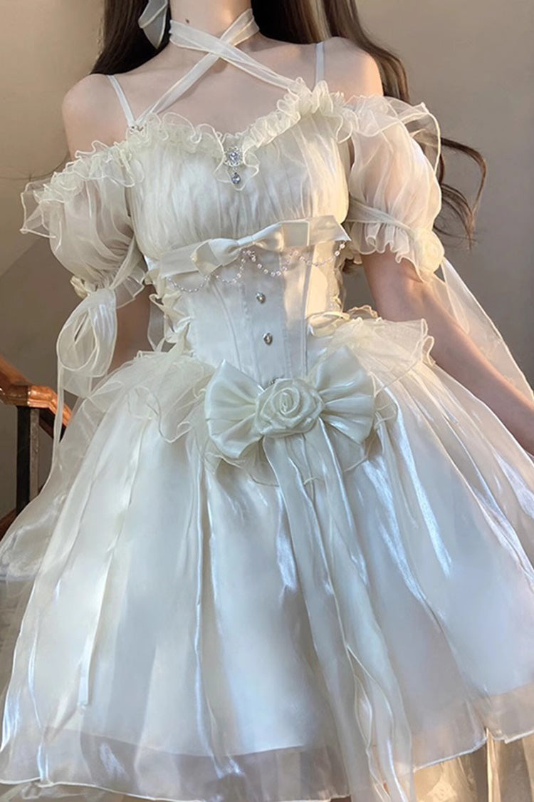 Ivory Midsummer Dream Short Sleeves Ruffle Hanayome Off-The-Shoulder Gothic Short Lolita Dress - Product - 3