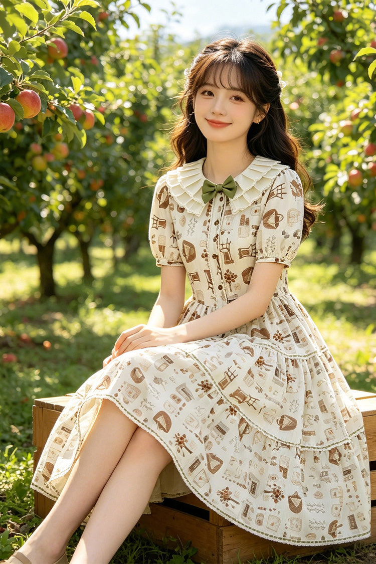 Apricot Short Sleeves Printed Ruffled Bow Sweet Plus Size Lolita Dress - Product - 4