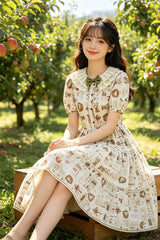 Apricot Short Sleeves Printed Ruffled Bow Sweet Plus Size Lolita Dress - Product - 4