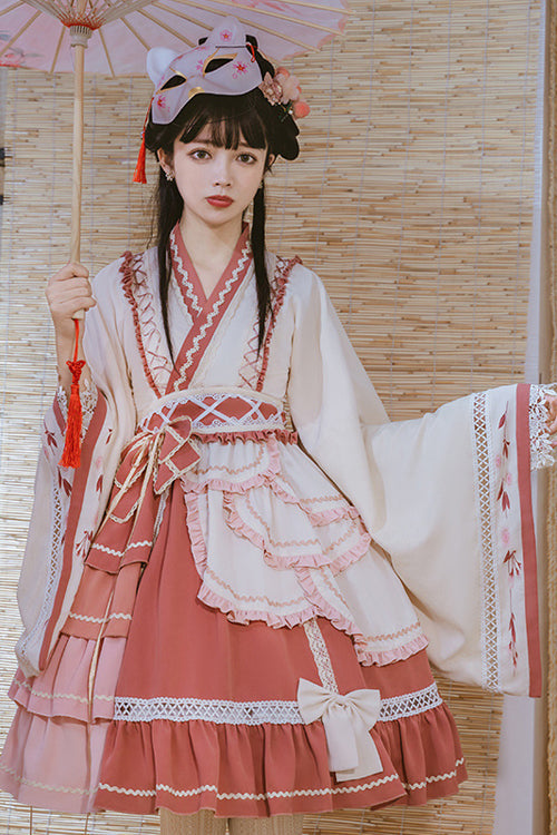 Beige/Pink Wide Sleeved Multi-Layered Ruffle Sweet Lolita OP Dress - Product - 3