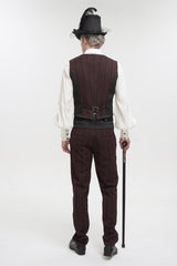 Red Retro Micro-Elastic Thick Stripe Stitching Three-Dimensional Texture Detachable Men's Punk Swallowtail Vest - Product - 5