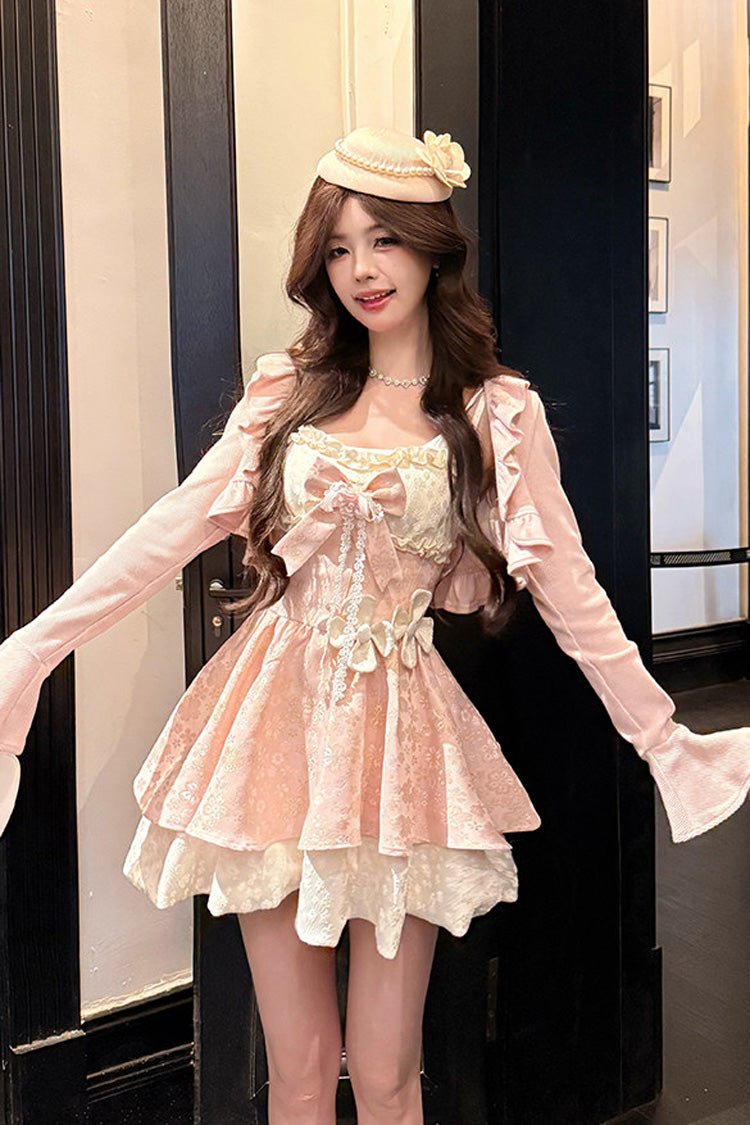 Pink [Honeyed Blossoms] Square Collar Long Sleeves Double-Layered Printed Ruffled Bow Sweet Lolita Dress and Cardigan Set - Product - 4