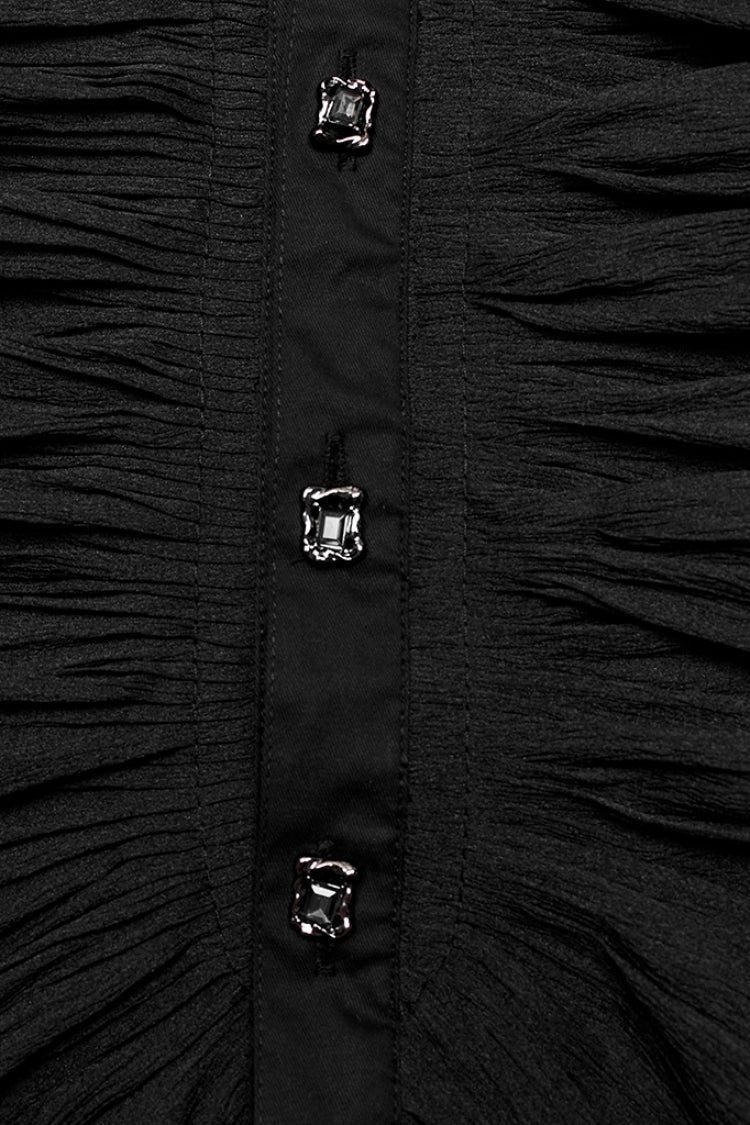 Black Stand Collar Lantern Sleeves Print Ruffle Lace Men's Gothic Blouse - Product - 8