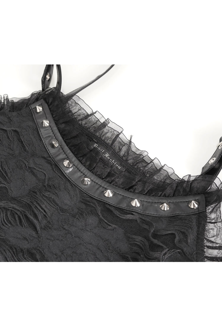 Black Sleeveless Lace Irregular Womens Gothic Strap Dress - Product - 11