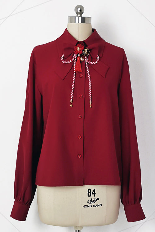 Red Original Lily Rabbit Lapel Collar Long Sleeves Ouji Lolita Blouse - Red - 1
