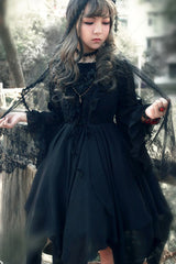 [Ballet of the Dead] Double-Layered Embroidery Lace-Up Gothic Lolita Jsk Dress (Cape Included) - Product - 6