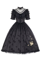 Black Daisy Print Cherry Embroidery Edwardian Collar Short Sleeves Gothic Lolita Dress - Product - 2