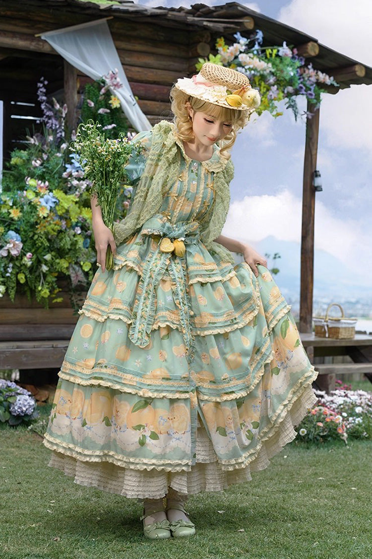 Green [Lemon Chicken] Short Sleeves Triple-Layered Print Ruffle Bowknot Lace Sweet Gorgeous Lolita Dress - Product - 2