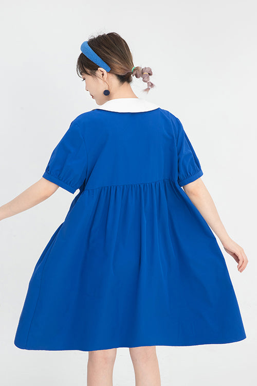 Blue Lapel Collar Short Sleeve High Waist Single Breasted Sweet Lolita Dress - Product - 6