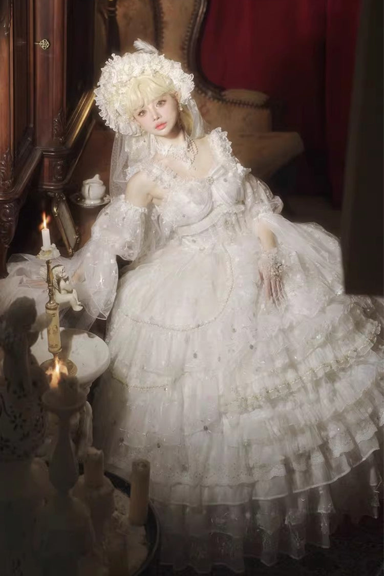White [Dreamy Waltz] Sleeveless Multi-Layered Ruffled Hanayome Bow Lace Chiffon Gothic Gorgeous Lolita Jsk Dress - Product - 2