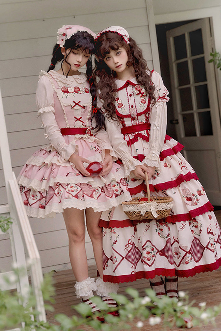 Red/Beige Triple-Layered [Apple Orchard] Print Ruffle Embroidery Sweet Lolita Long Skirt - Product - 6