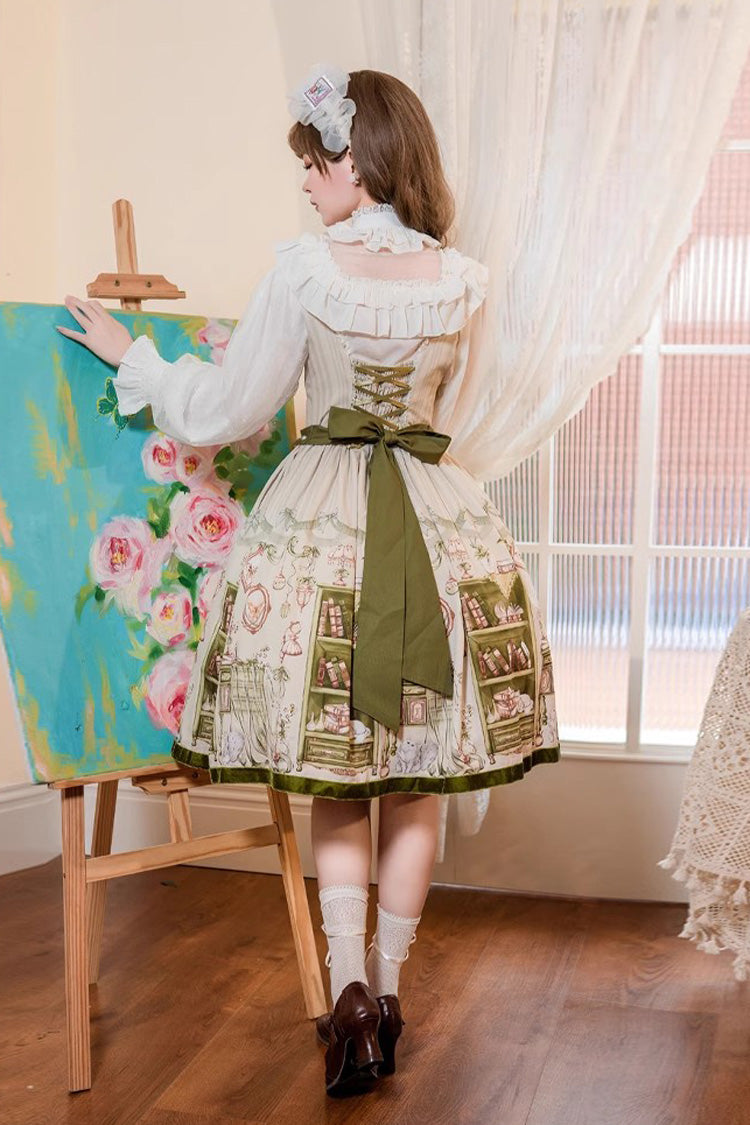 Green Ai Luo Book House Print Chest Support Bowknot Sweet Lolita Jsk Dress - Product - 4
