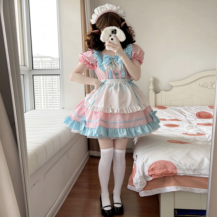 Pink and Mint Green Ruffled Maid Lolita Dress with Apron Bow Accent - view 5