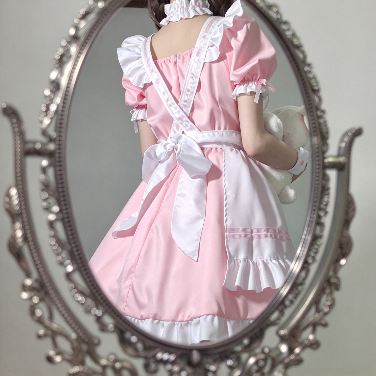 Pink and Black Ruffled Maid Lolita Dress with Apron Bow Accent - view 4