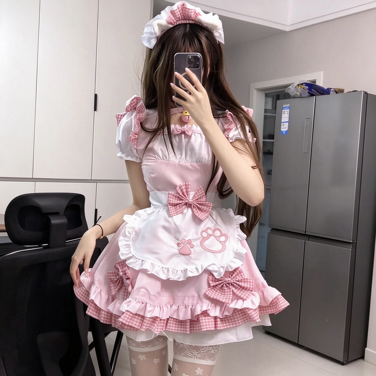 Black and Pink Ruffled Maid Lolita Dress with Paw Print Apron Accent - view 4