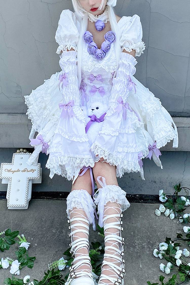 White/Purple Puff Short Sleeves Princess Gothic Lolita Tiered Dress - White/Purple - 1