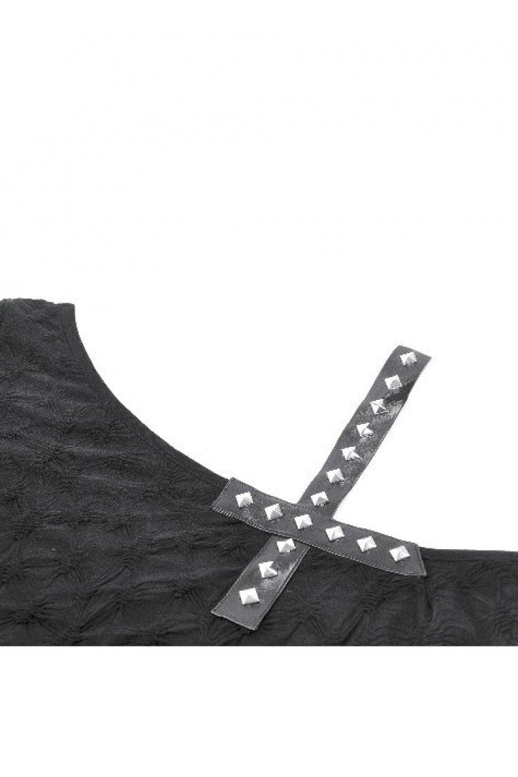 Black Off Shoulder Short Sleeves Studded Cross Straps Asymmetric Women's Punk Top - Product - 13