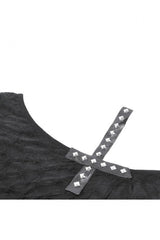 Black Off Shoulder Short Sleeves Studded Cross Straps Asymmetric Women's Punk Top - Product - 13