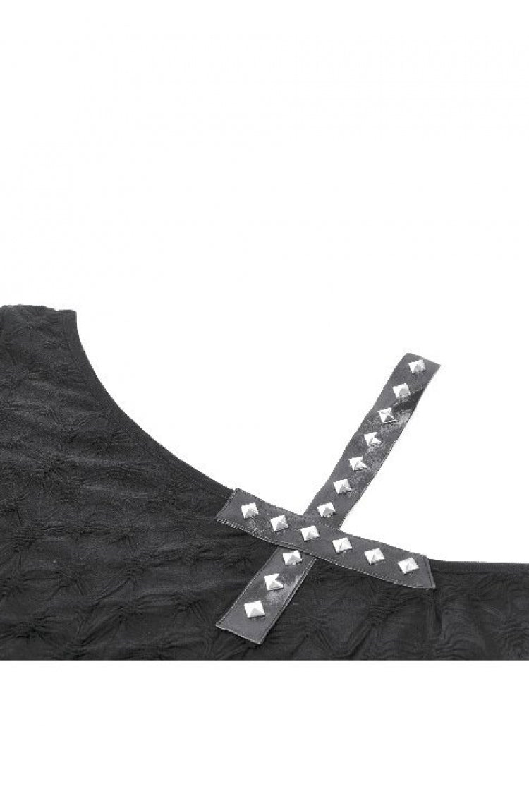 Black Off Shoulder Short Sleeves Studded Cross Straps Asymmetric Women's Punk Top - Product - 13