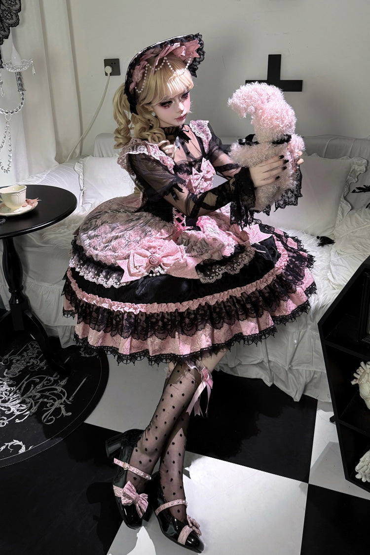 Black/Pink [Rose Princess] Sleeveless Ruffle Bowknot Lace Lace-Up Sweet Ballet Lolita Jsk Dress - Product - 5