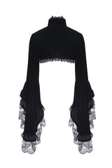 Black Lace Stand Collar Multi-Layered Long Trumpet Sleeves Rosette Velour Women's Gothic Bolero - Product - 15