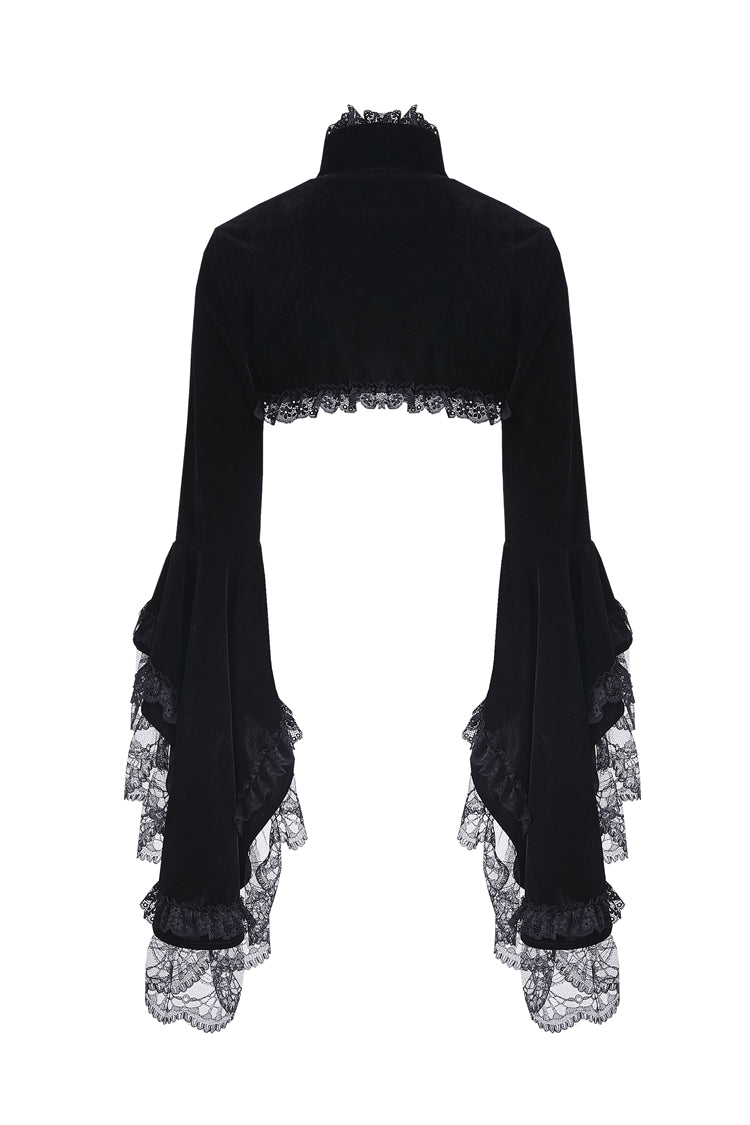 Black Lace Stand Collar Multi-Layered Long Trumpet Sleeves Rosette Velour Women's Gothic Bolero - Product - 15