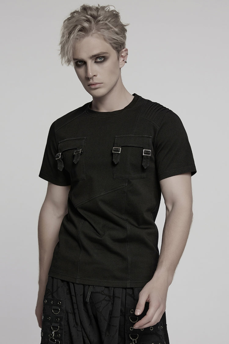 Black Round Collar Short Sleeves Pocket Denim Men's Punk T-Shirt - Product - 2