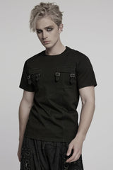 Black Round Collar Short Sleeves Pocket Denim Men's Punk T-Shirt - Product - 2