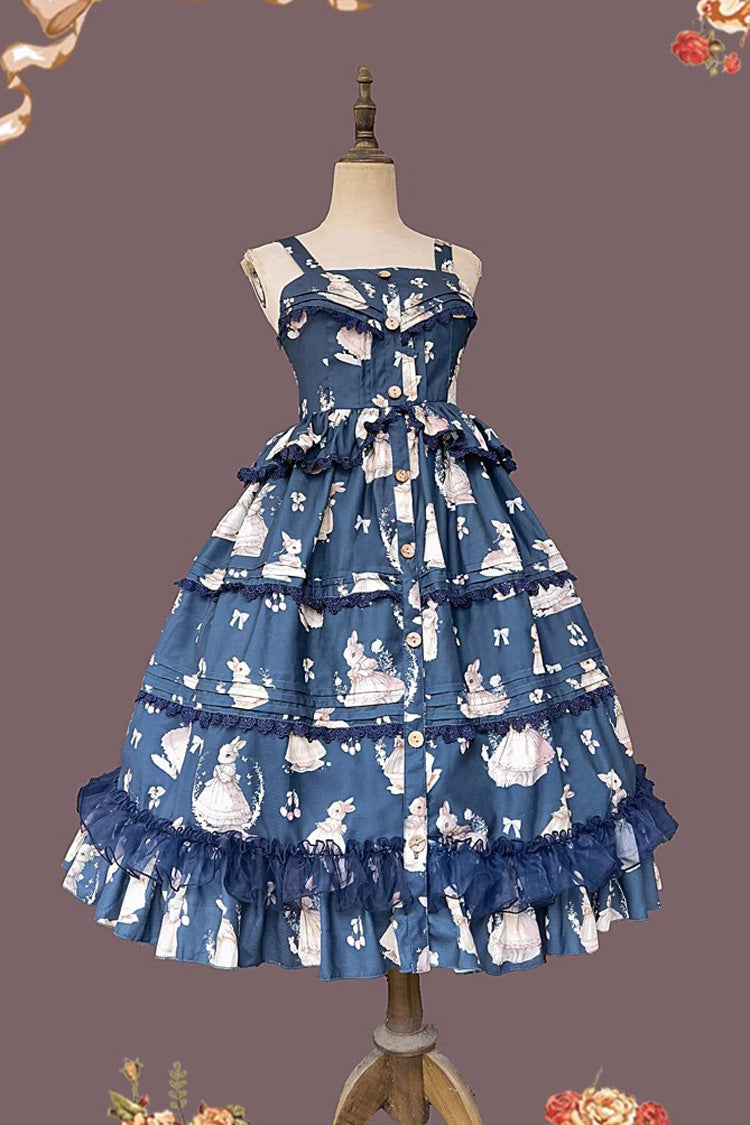 Miss Rabbit Dance Print Multi-layer Ruffle Sweet Elegant Lolita Jsk Dress 4 Colors - Blue - 15