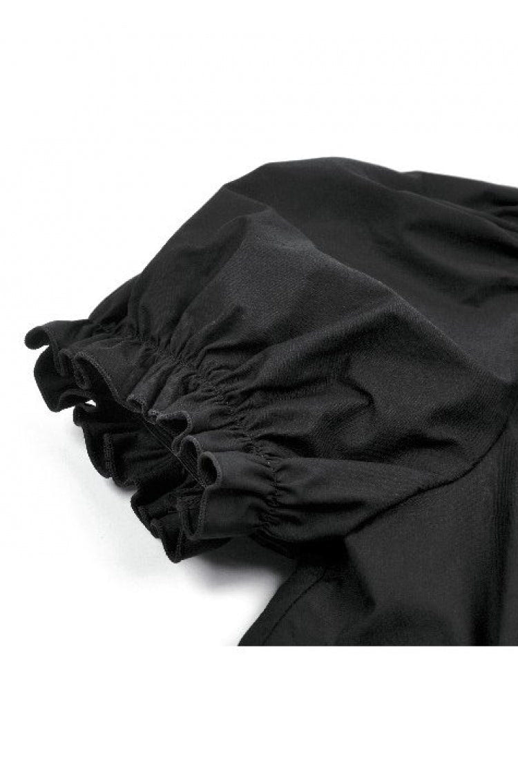 Black Women's Punk Ruffled V Collar Short Puff Sleeves Buckled Waist Zippered Crop Top - Product - 14