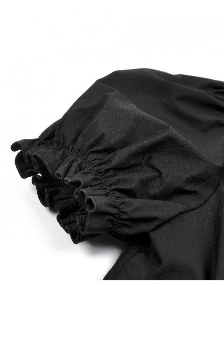 Black Women's Punk Ruffled V Collar Short Puff Sleeves Buckled Waist Zippered Crop Top - Product - 14
