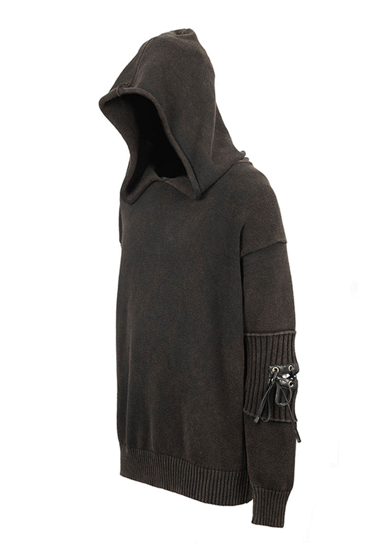 Brown Worn-Out Long Sleeve Elbow Leather Strip Lace-Up Hooded Coarse Knit Men's Punk Sweater - Product - 6