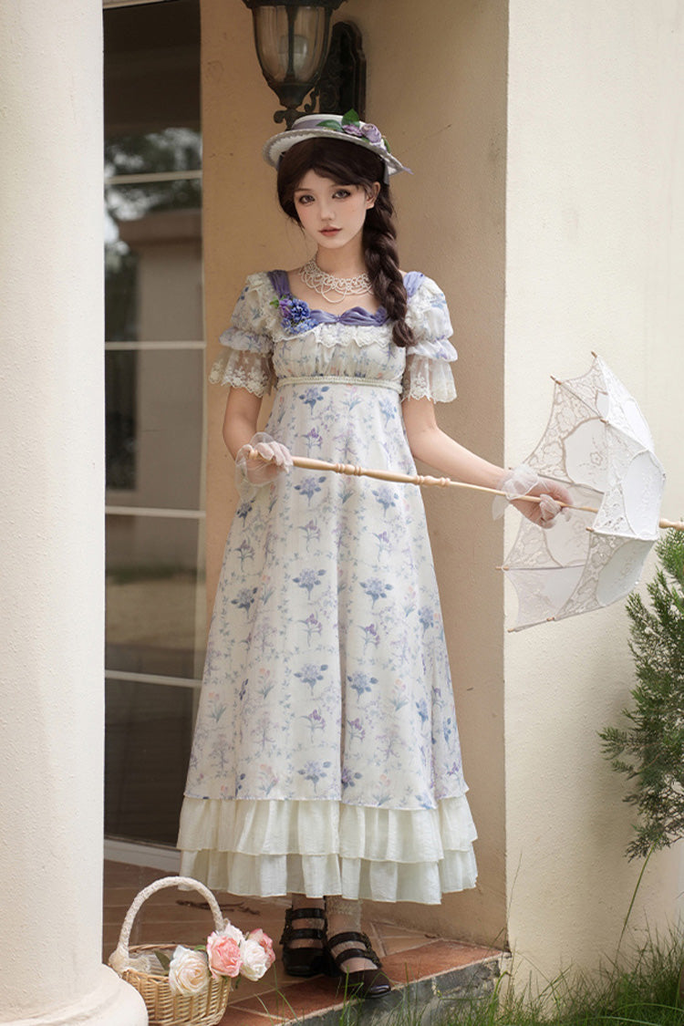 Purple/Ivory [Iris Secrets] Short Sleeves Double-Layered Print Ruffle Bowknot Lace-Up Sweet Lolita Dress - Product - 2