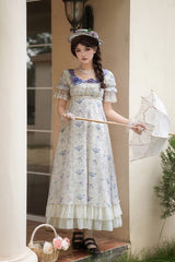 Purple/Ivory [Iris Secrets] Short Sleeves Double-Layered Print Ruffle Bowknot Lace-Up Sweet Lolita Dress - Product - 2
