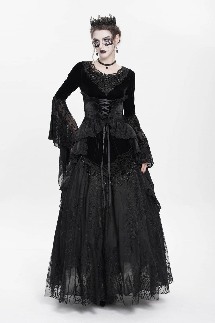 Black Long Sleeves Lace-Up Beaded Pleated Women's Gothic Blouse - Product - 8