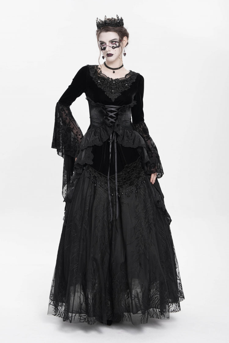Black Long Sleeves Lace-Up Beaded Pleated Women's Gothic Blouse - Product - 8