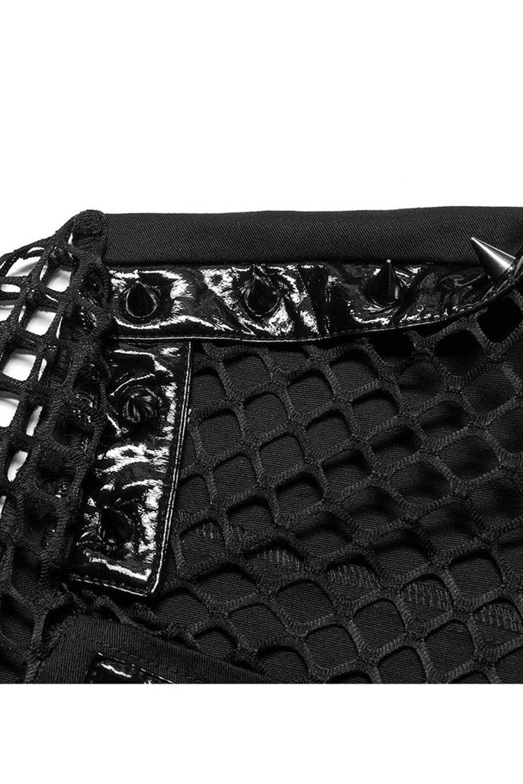 Black Punk Elastic Cotton Twill Fabric Spliced Diamond Mesh Asymmetrical Personality Short Sleeve Men's Shirt - Product - 6