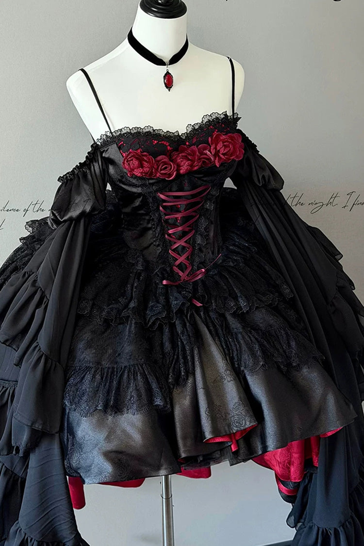 Black/Red [Blood Feast] Halloween Off Shoulder Jacquard Ruffled Lace-Up Gothic Elegant Lolita Jsk Dress - Product - 5