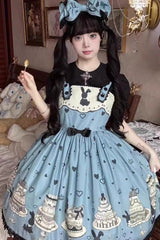Blue Cake Bunny Print Bowknot Stitching Lace Sweet Lolita Jsk Dress - Product - 2